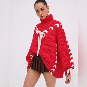 For Love & Lemons Red Liberty Sweater with white bows/ribbon